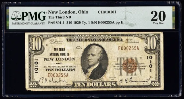 RADAR Charter 1929 Ohio Third National Bank New London $10 PMG VF20 Only 9 Known