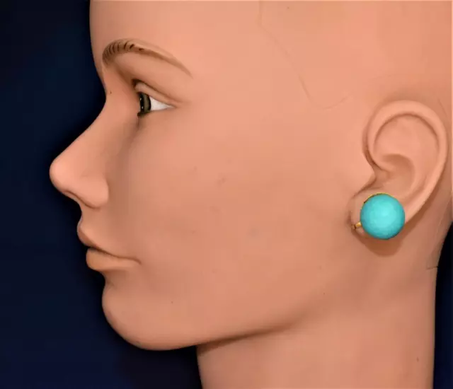 Vintage 50s Signé Hong Kong Doré Bleu Forme Ronde à Clipser Boucles D'Oreilles