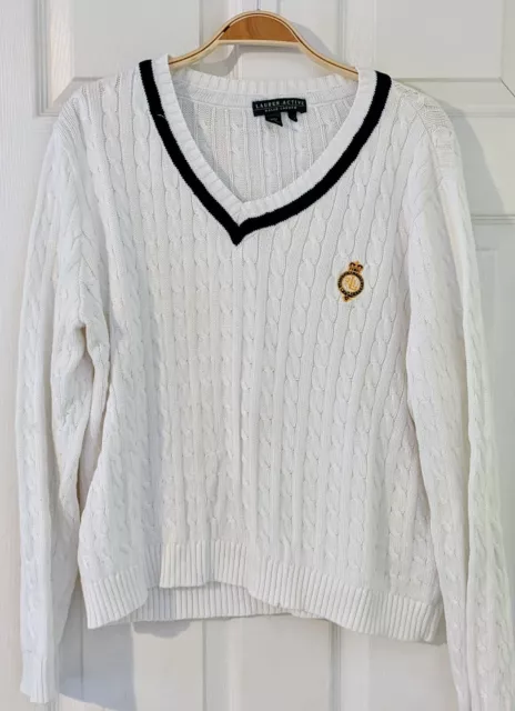 Lauren Ralph Lauren Cable Knit Long Sleeve White Logo Women Tennis Sweater XL