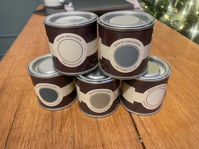 Farrow and Ball Sample Pots x5, blu Inchyra, De Nimes, bianco lime, schiena del mouse