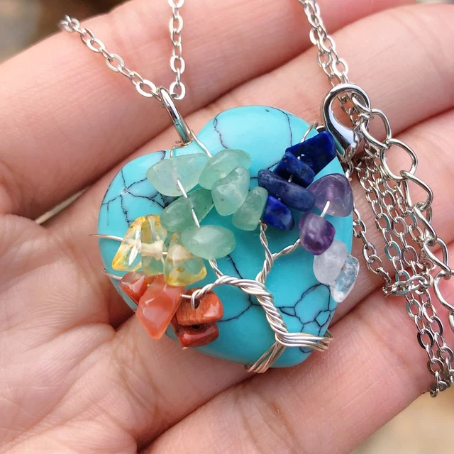 7 Chakra Turquoise Green Gem Tree Of Life Heart Necklace Reiki Healing Amulet
