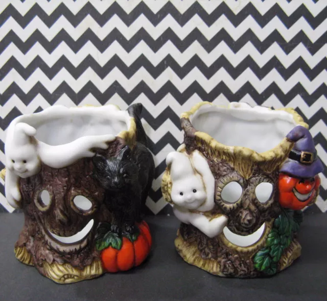 2 Vtg Halloween Tea Light Candle Holders Tree Trunk Black Cat Ghost Y.H. Bisque