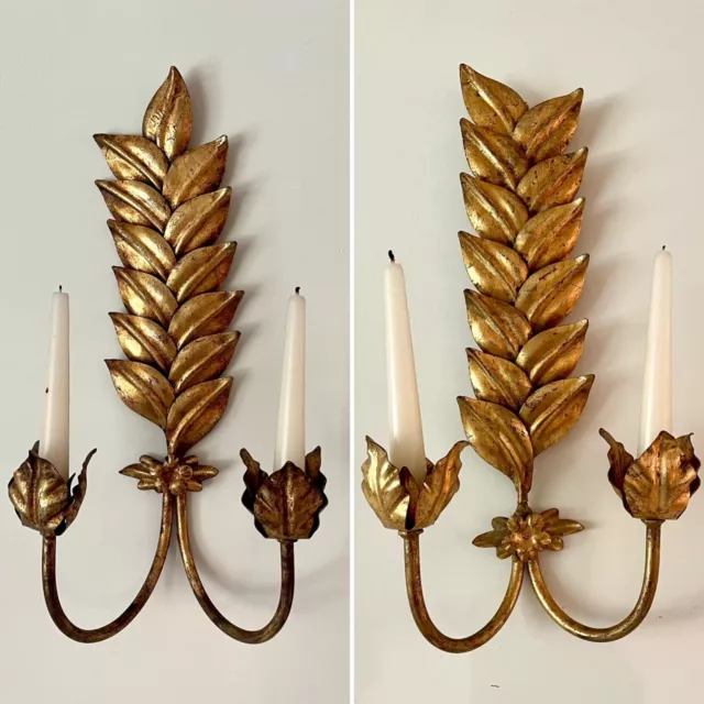 Vintage Italian Gilt Laurel Leaf Double Arm Candle Sconces—A Pair