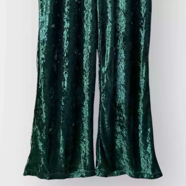 Vintage 80s 90s High Rise Wide Leg Crushed Velvet Pants Womens M/L Green Goucho 3