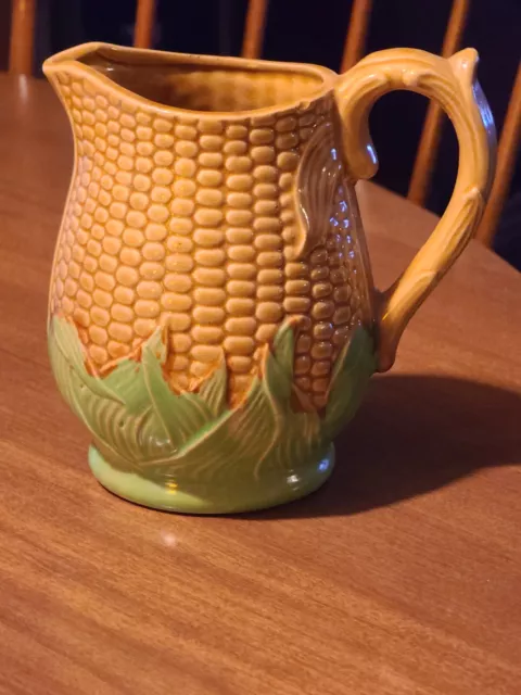 Antique Majolica Large Corn Cob Pitcher Moulded Pottery Green Yellow