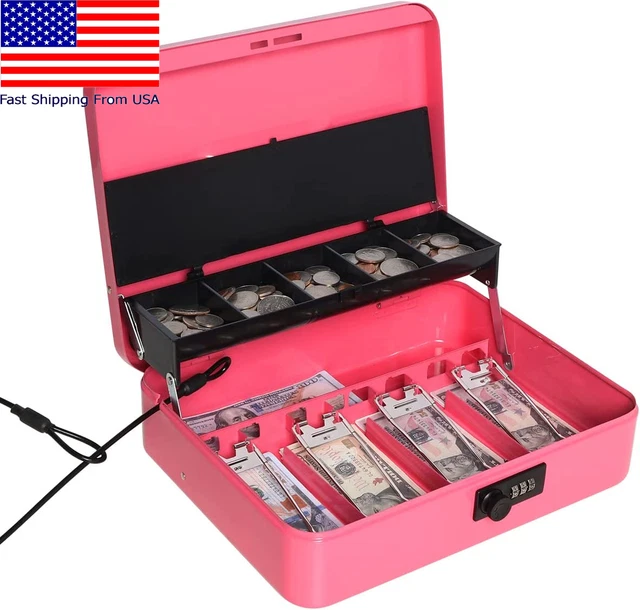 Locking Cash Box Money Box with Cash Tray Lock Safe Box with Key Security Cable