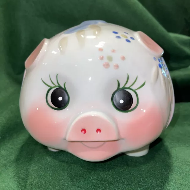 Vintage Large Ceramic Piggy Bank With Blue bow Long Lashes