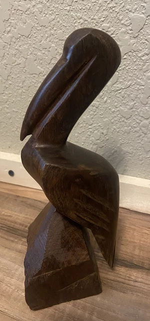 Solid Wood Carved Pelican Bird Statue On Wood Stump Nautical Figurine