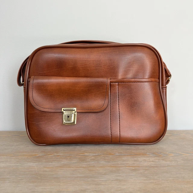 1970's Vintage Scovill Faux Leather Overnight Suitcase Luggage Zipper Handle Bag