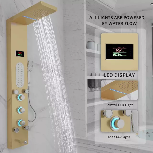 Panel de ducha de oro cepillado torre pulverizador de lluvia sistema de masaje a chorro acero inoxidable