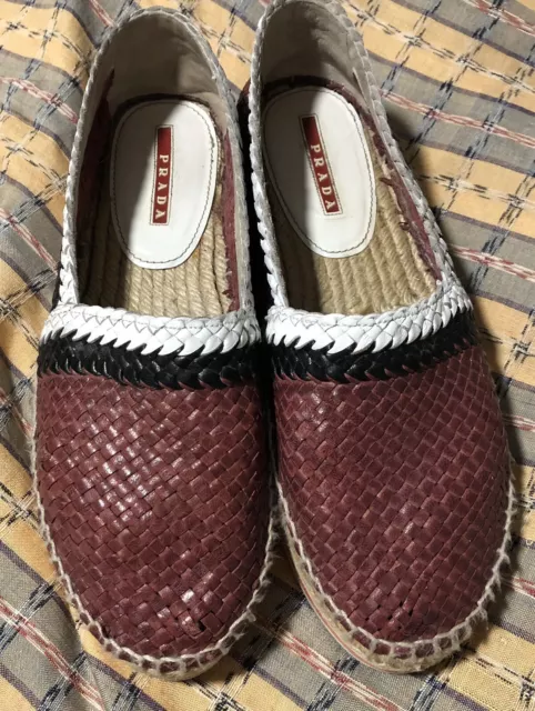 Prada Multi Color Woven Leather Slip Ons Size 38