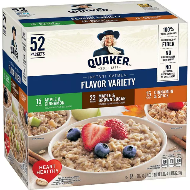 Quaker Oats Instant Variety Pack, Maple, Apples, Cinnamon (52 Packets) Non-Gmo