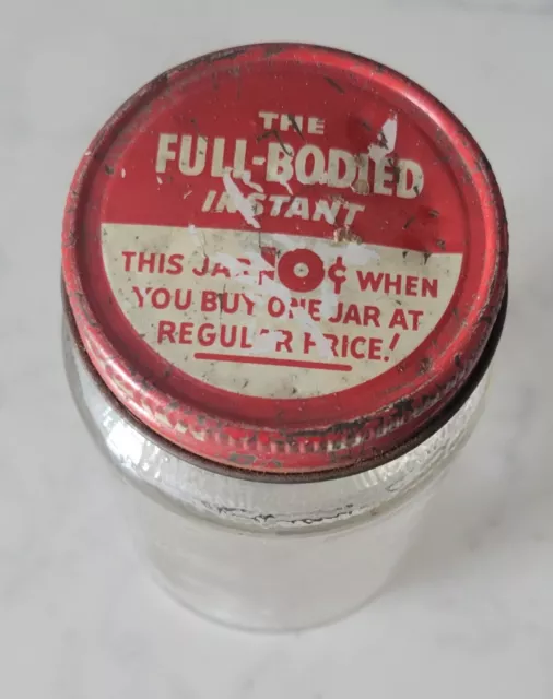 Vintage " The Full Bodied Instant " Glass Jar Bottle  Lid   Coffee