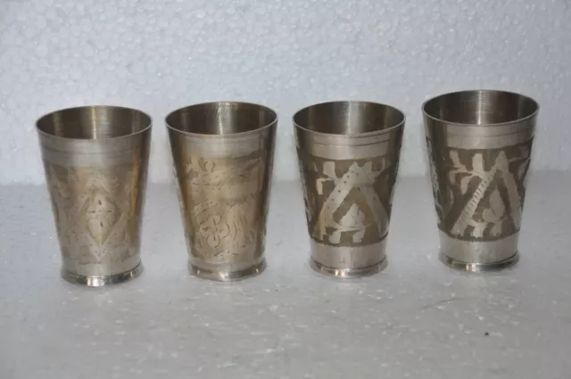 4 Pc Old Brass Solid Handcrafted Fine Engraved Lassi / Milk Glass