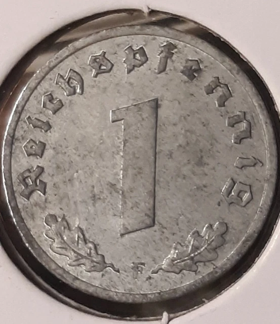 1943 F ,  1 Reichspfennig ~ German ~ WWII Germany ~  WW2 Circulated Coin ~