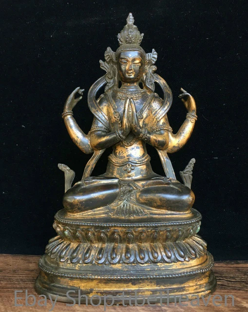8.8" Rare Old Tibetan Red Copper Gilt Buddhism 4 arms Chenrezig Buddha Statue