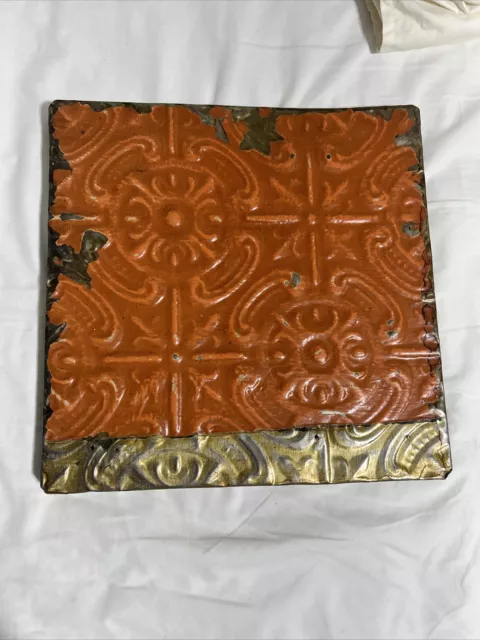 Antique 1800’s 11” Copper Tin Ceiling Tile Mounted On Wood Salvaged Art Orange