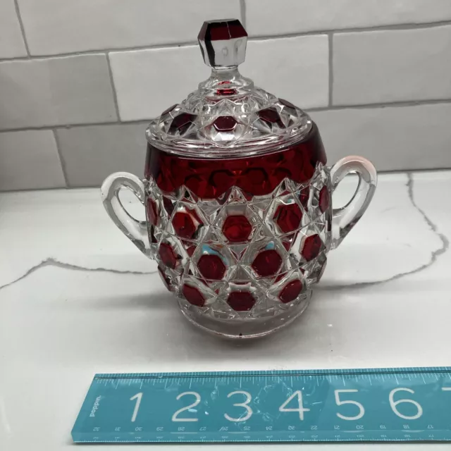 Antique clear / ruby pressed glass sugar bowl RED BLOCK c.1898+