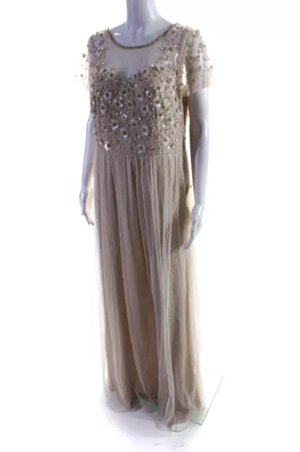 Adrianna Papell Womens Beaded Point D'esprit Gown Biscotti Beige Size 14 2