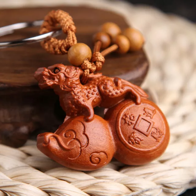 Wood 3D Carving Chinese Pixiu Calabash Wealth Statue Pendant Key Chain Keyring