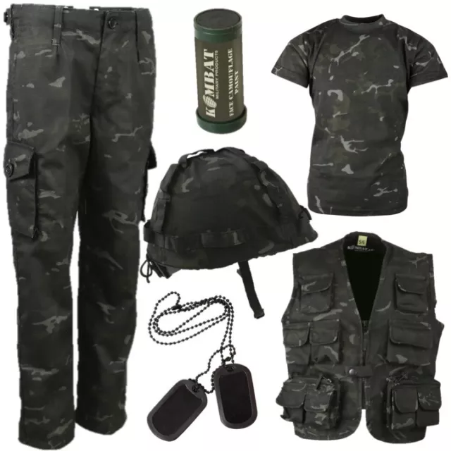 Jungen Army Outfit Kinder 3-13 Hose T-Shirt Helm Weste Etiketten Lack Schwarz Tarnfarbe