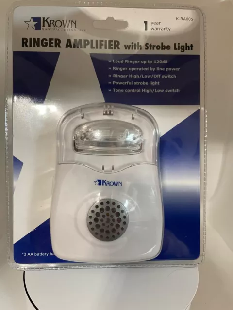 Krown Amplified Phone Ringer with Strobe Light Loud Ringer 120dB New