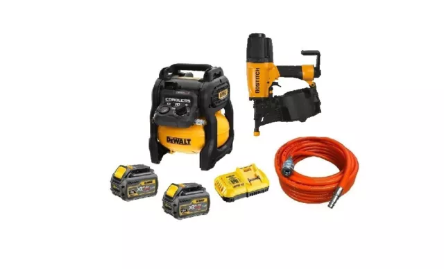 DeWALT 54V XR FLEXVOLT COMPRESSOR WITH BOSTITCH N75 COIL NAILER AND AIR HOSE