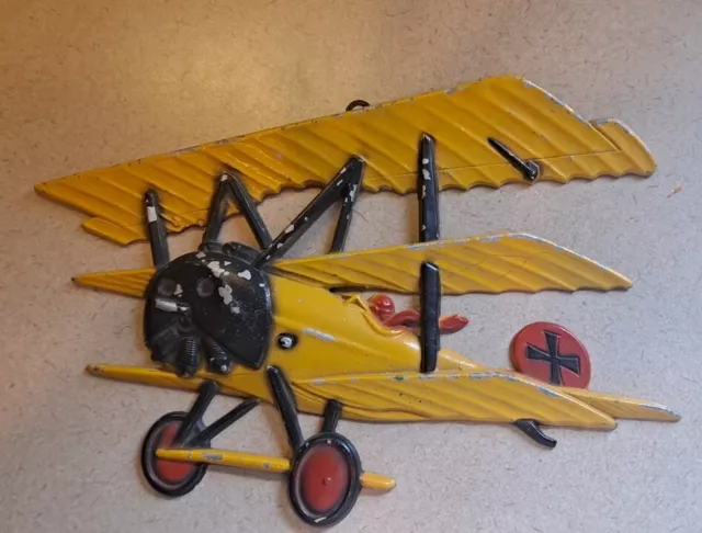 Sexton USA 1975 Cast Iron Bi Plane Wall Hanging Decor Yellow 11x8