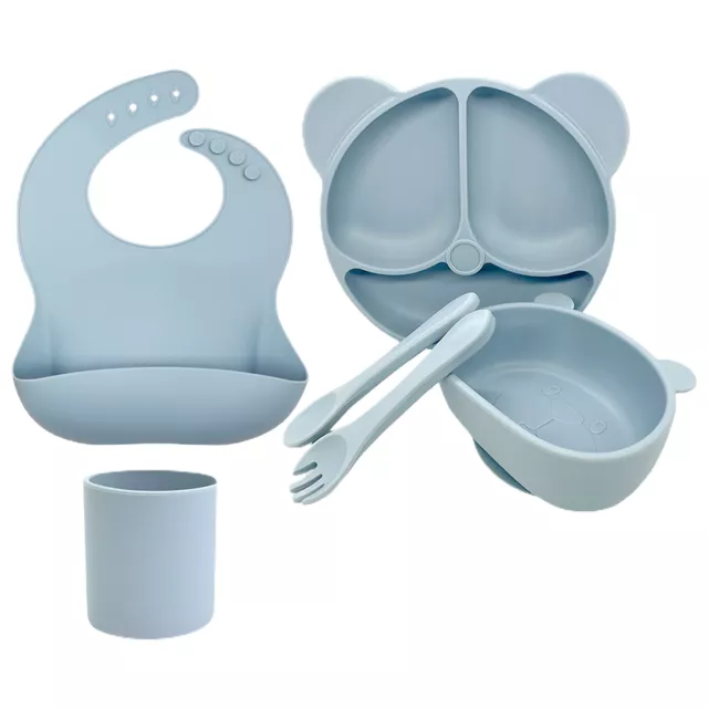 6pcs Cup Baby Weaning Set Compartments Suction Plate Adjustable Bib Tableware