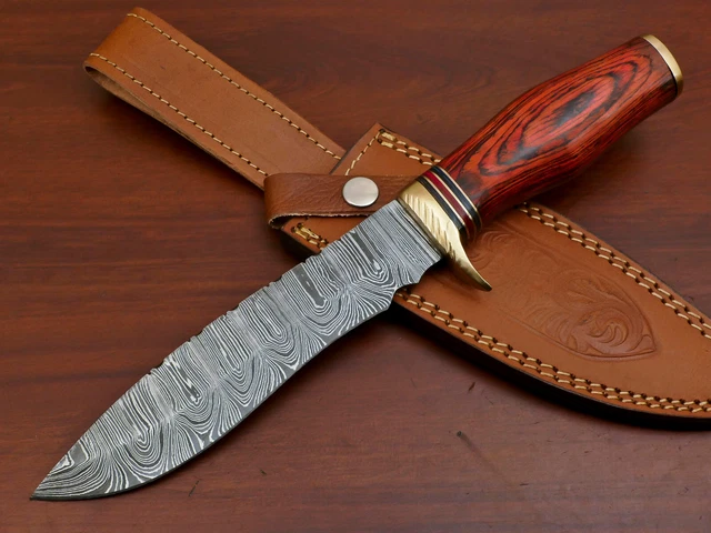 Custom Hand Made Damascus Steel Hunting Knife -Pakka Wood/Brass Guard -Za-4176