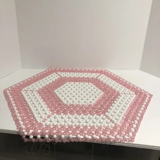 Vintage Handmade Pink & White Flexible Beaded Hexagon Centerpiece Place Mat