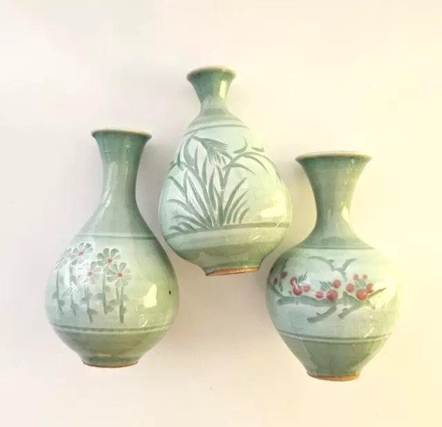 Celadon Ceramic Miniature Bud Vase, 20th Century Korean, Crazed Glaze, Set Of 3