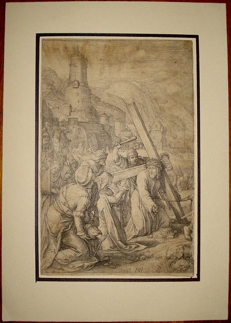 Stampa antica old print Goltzius Via Crucis caduta Cristo 1596 bulino engraving