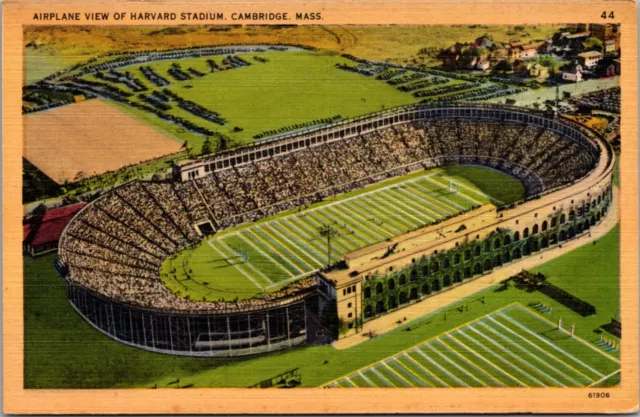 Linen Postcard Airplane View of Harvard Stadium in Cambridge, Massachusetts