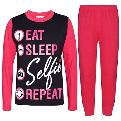 Kids Girls Pink Pyjamas Designer Eat Sleep Selfie Repeat Lounge Wear PJS 2-13 Yr