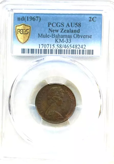 New Zealand 1967  2 Cents  Bahamas Obverse " Rare Mule Error " Pcgs Grade #8