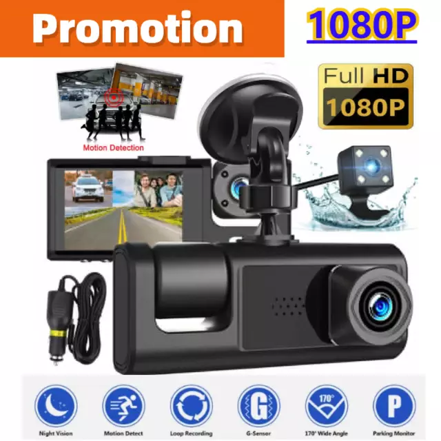 Car Dual Lens Dash Cam HD 1080P Front/Rear/Inside Video Recorder Camera G-sensor