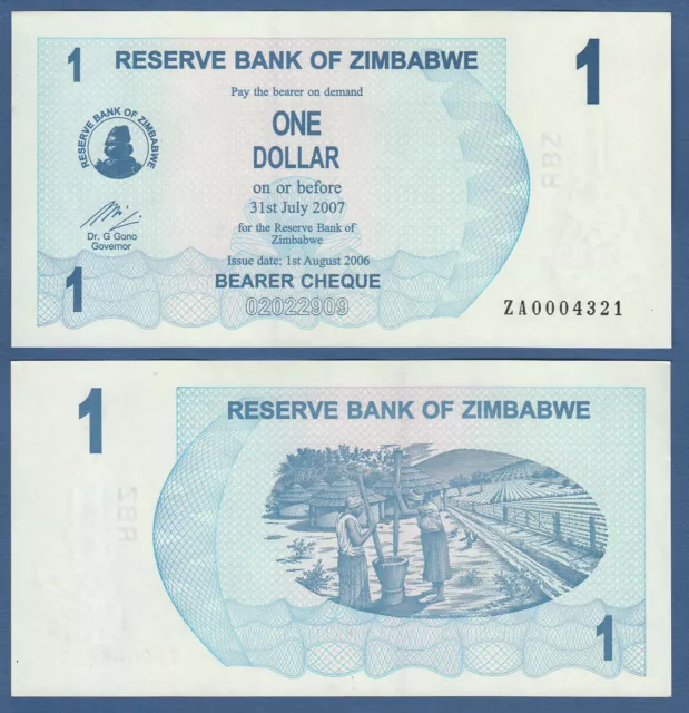 ZIMBABWE 1 Dollar 2006 REPLACEMENT ZA  aUNC P. 37