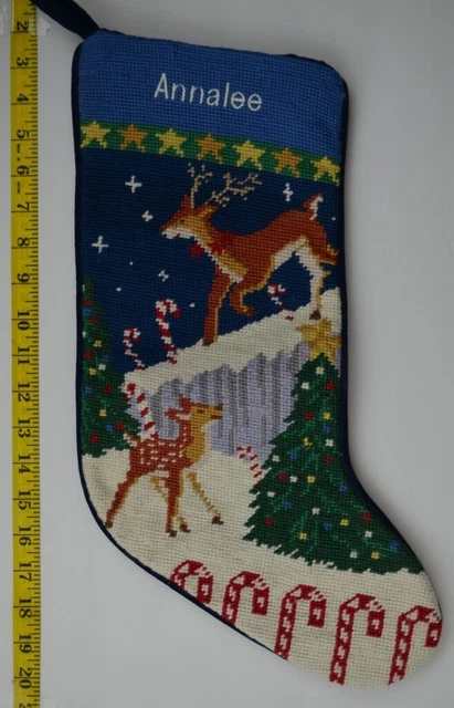 LANDS END Reindeer Wool Needlepoint Christmas Stocking Monogrammed ANNALEE