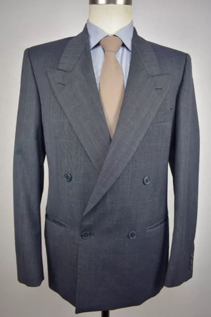 Yves Saint Laurent Bluish Gray Windowpane Check 100% Wool Two Pc Suit Size: 38R