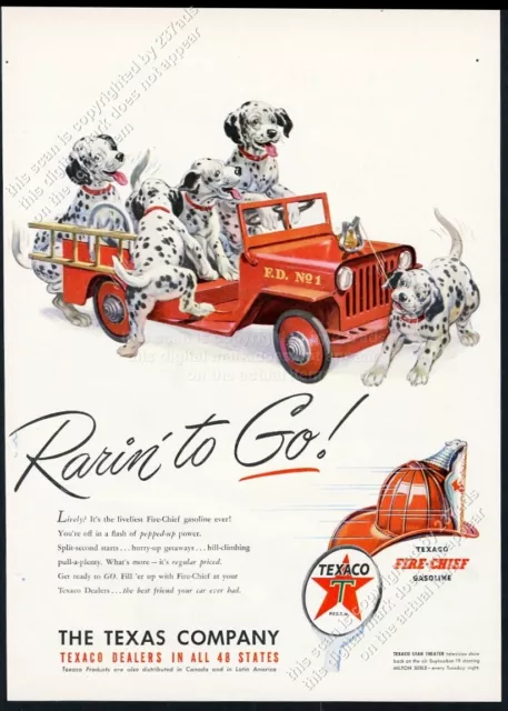 1952 Texaco dalmatian puppy dogs toy fire engine art vintage print ad