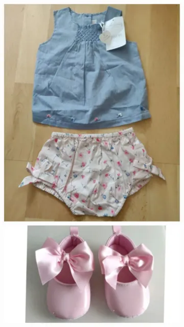 New The Little White Company Baby Girls Outfit Top & Shorts 3-6 Months & Shoes