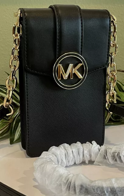 Michael Kors Carmen Small Ns Phone Chain Crossbody Bag Vegan Leather Black Gold