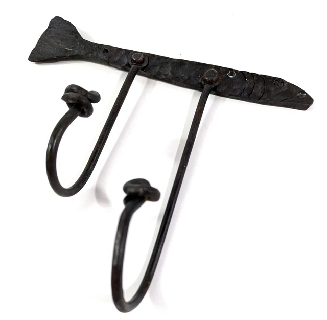 Hand Forged Wrought Iron 2 Coat Hook Rack Black Fish Fishing w Worm Knots  10x9