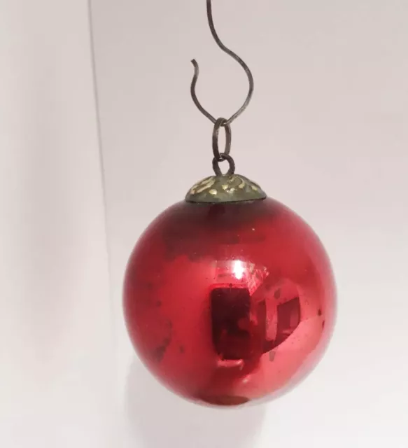 Old German Kugel Christmas Ornament Red & Pink Mixed Colour Glass Ball Brass Cap