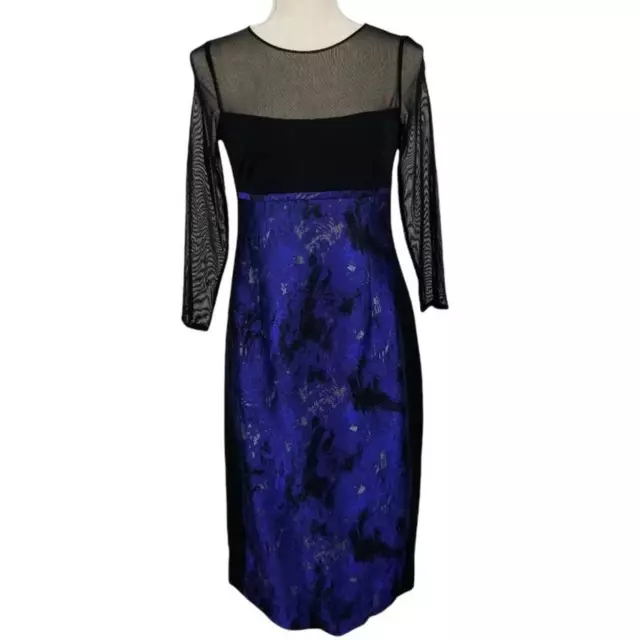 Rickie Freeman Teri Jon Jacquard Sheath Dress 4 Cocktail Metallic Blue Black