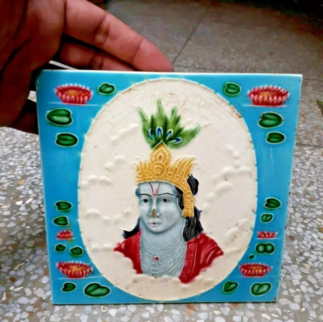 Rare Ceramic Tile  Porcelain Vintage Art Indian Hindu Religion God Krishna Japan