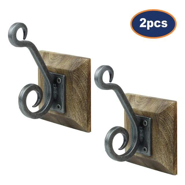 2pc Vintage Double Metal Wall Hanging Coat Hat Scarf Hook Hanger On Wooden Base