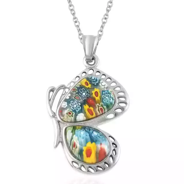 Colorful Butterfly Flower Pendant Necklace Murano Style Millefiori Glass 20"