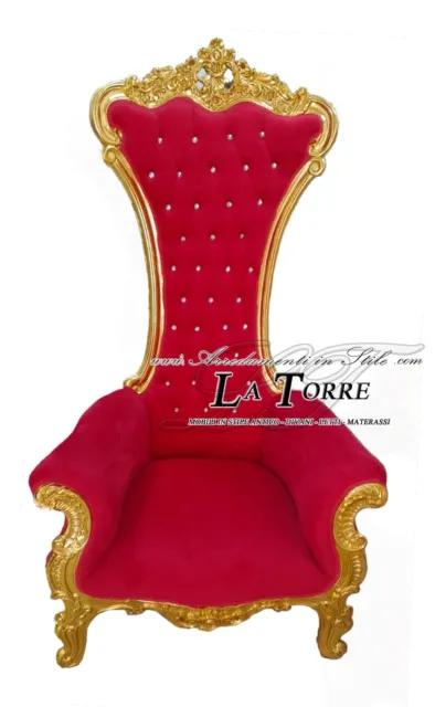 Trono Sedia Poltrona classico Barocco foglia oro tessuto velluto rosso LT3048